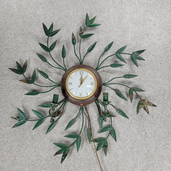 Vintage Wall Clock Light 29" Gold Green Brass Mid Century Leaf Vine Metal Tested - Picture 1 of 16